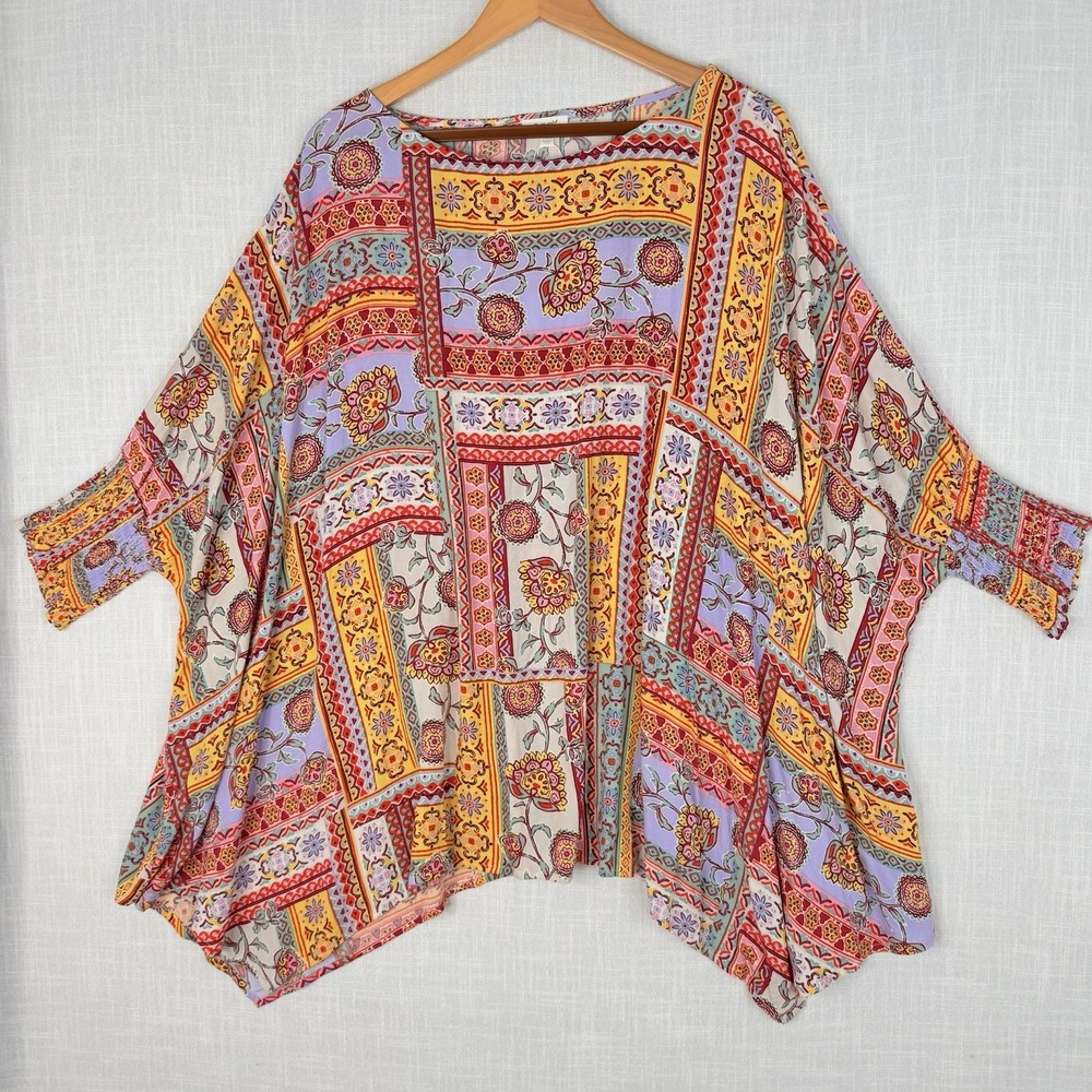 Oddy Vibrant Boho Patchwork Oversized Dolman Sleeve Blouse Top 100% Rayon 1XL/2X